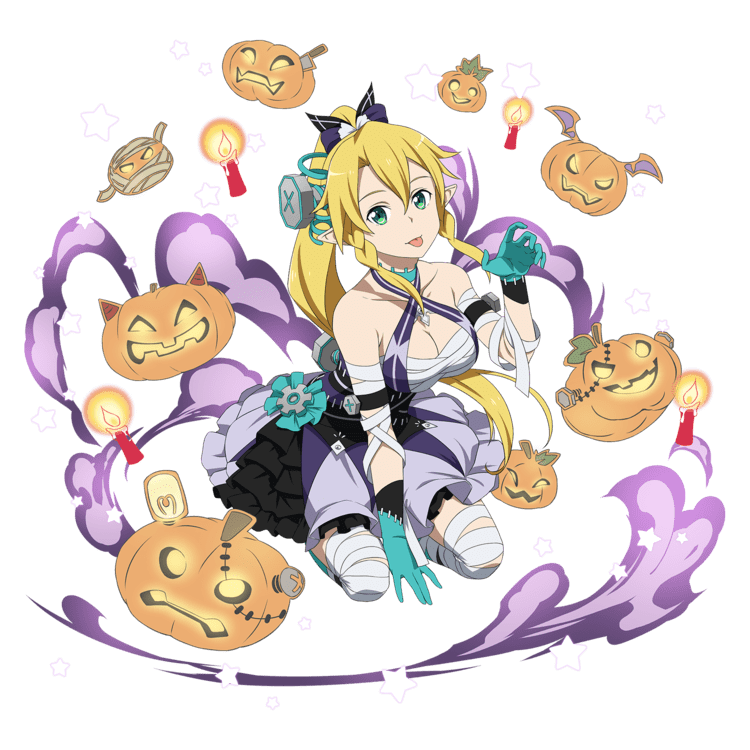 1girl bandage between_legs blonde_hair blue_gloves bow breasts candle cleavage collarbone gloves green_eyes hair_between_eyes hair_bow halloween_costume hand_between_legs kneeling layered_skirt leafa long_hair looking_at_viewer medium_breasts pointy_ears ponytail pumpkin sidelocks solo star sword_art_online tongue tongue_out transparent_background