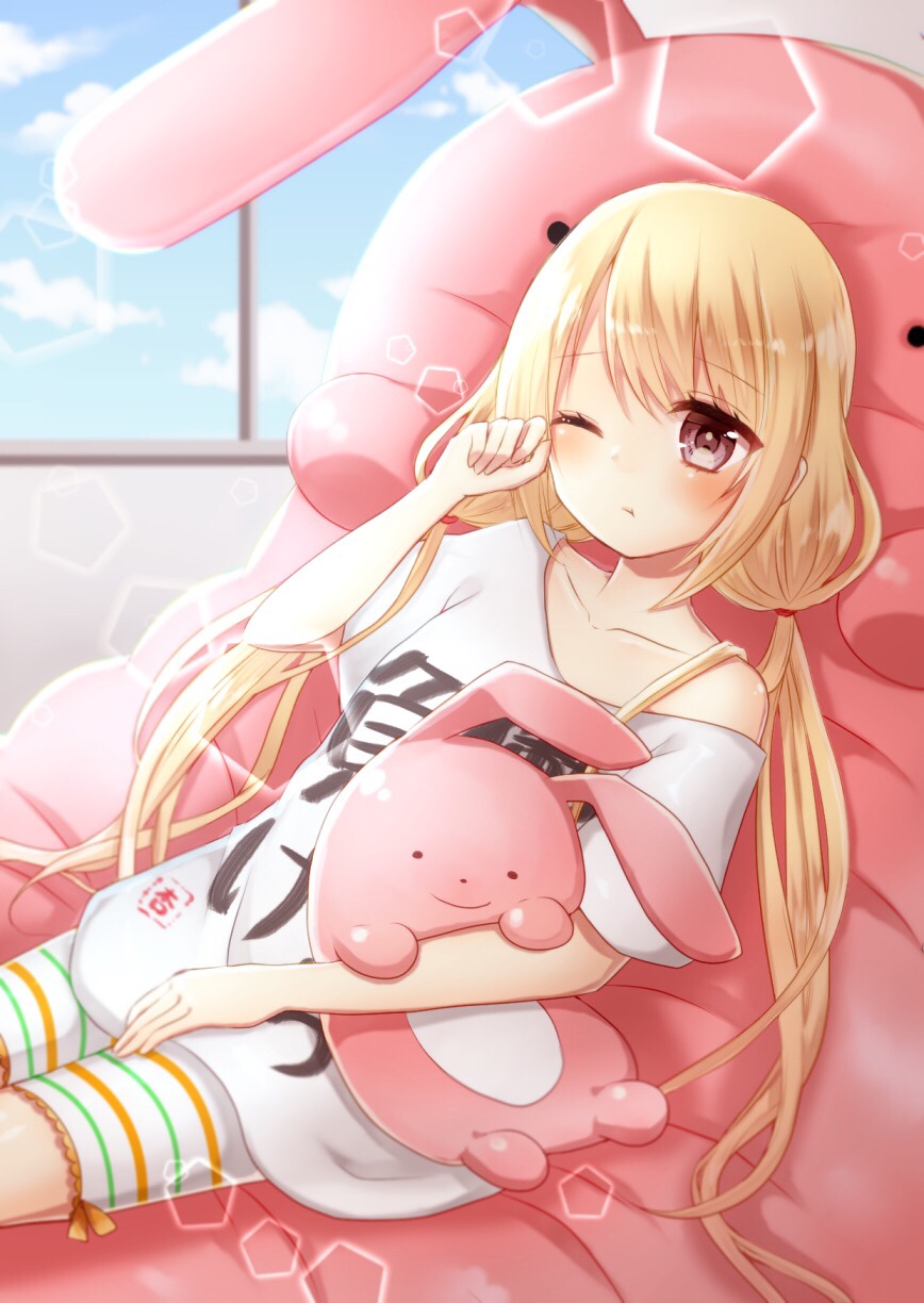 1girl ;t bangs bike_shorts blonde_hair blue_sky blush breasts brown_eyes clothes_writing clouds collarbone commentary_request day eyebrows_visible_through_hair futaba_anzu hair_tie highres holding holding_stuffed_animal idolmaster idolmaster_cinderella_girls indoors lens_flare long_hair looking_at_viewer low_twintails off_shoulder oversized_clothes shirt short_sleeves sidelocks sitting sky sleepy small_breasts solo striped striped_bike_shorts stuffed_animal stuffed_bunny stuffed_toy sunao t-shirt twintails very_long_hair you_work_you_lose