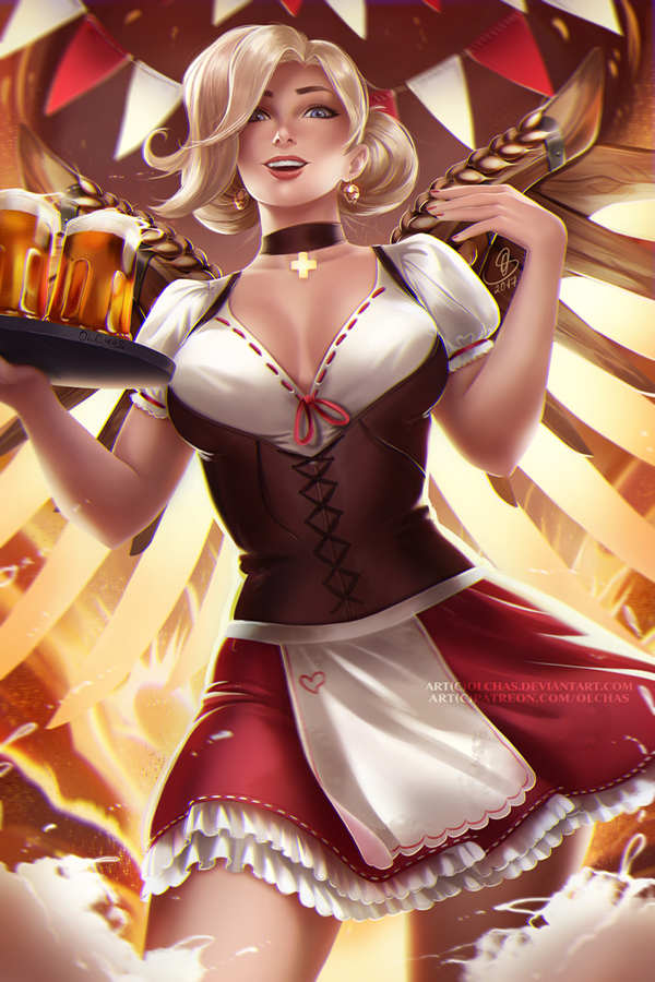 1girl alcohol alternate_hairstyle apron artist_name beer beer_mug blonde_hair blue_eyes breasts brown_neckwear choker cleavage commentary cowboy_shot dated dirndl earrings frilled_skirt frills german_clothes glowing glowing_wings heart holding holding_tray jewelry large_breasts lips lipstick long_hair looking_at_viewer makeup md5_mismatch mechanical_wings mercy_(overwatch) nose oktoberfest olga_solovian open_mouth overwatch patreon_logo patreon_username pink_lips puffy_short_sleeves puffy_sleeves short_sleeves signature skirt smile solo spread_wings tray upper_teeth watermark web_address wings yellow_wings
