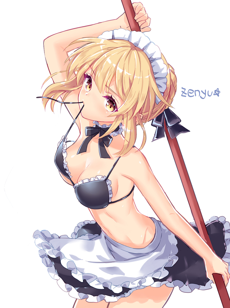 1girl apron arm_up artist_name artoria_pendragon_(all) artoria_pendragon_(swimsuit_rider_alter)_(fate) bare_shoulders bikini bikini_top black_jacket black_ribbon black_skirt blonde_hair blush breasts cleavage collarbone cowboy_shot fate/grand_order fate_(series) frilled_apron frilled_bikini_top frills holding holding_staff jacket long_sleeves looking_at_viewer maid_bikini maid_headdress medium_breasts mouth_hold neck_ribbon off_shoulder open_clothes open_jacket ribbon short_hair sidelocks simple_background skirt solo staff standing swimsuit untied untied_bikini waist_apron white_apron white_background yellow_eyes zenyu