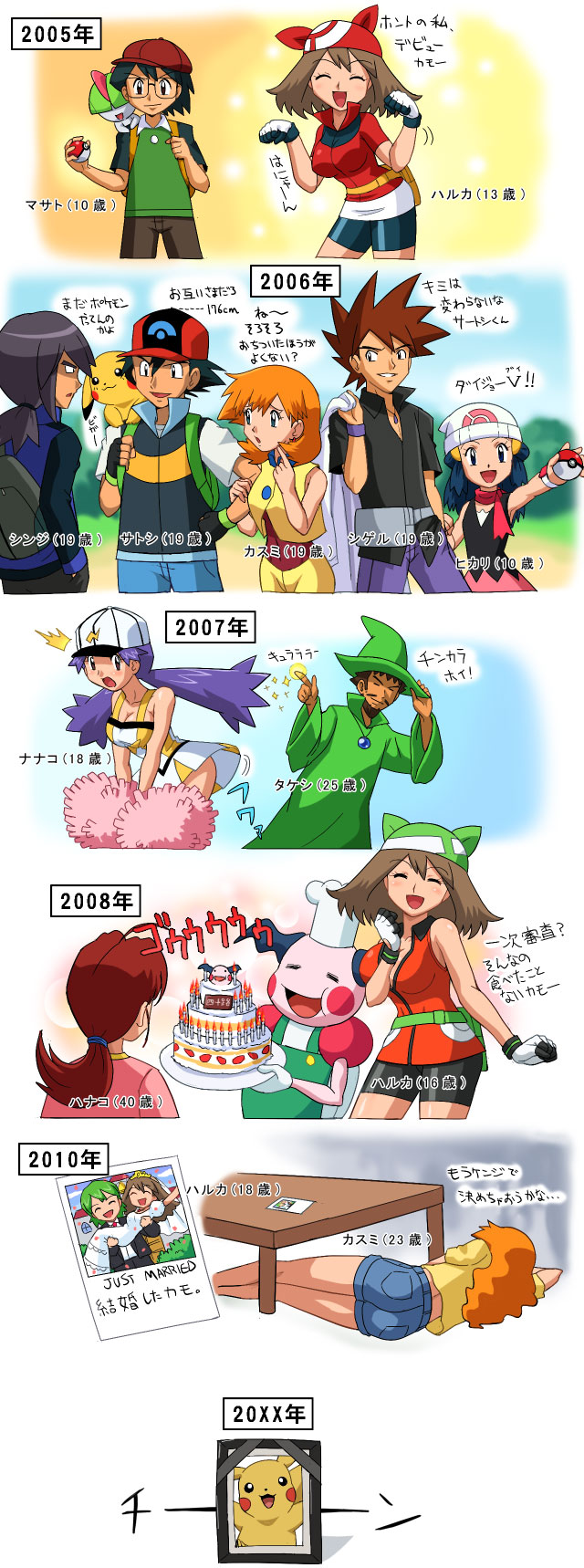 6+boys adult age_comparison alternate_costume alternate_hair_length alternate_hairstyle beanie breasts cake carrying cheerleader dress food hanako_(pokemon) haruka_(pokemon) hat highres hikari_(pokemon) holding holding_poke_ball iei kasumi_(pokemon) kasumi_(pokemon)_(ag) large_breasts masato_(pokemon) mr._mime multiple_boys multiple_girls nanako_(pokemon) ookido_shigeru pastry photo_(object) pikachu poke_ball pokemoa pokemon pokemon_(anime) pokemon_(creature) pokemon_(game) pokemon_gsc pokemon_rse princess_carry ralts satoshi_(pokemon) shinji_(pokemon) shuu_(pokemon) takeshi_(pokemon) translation_request truth wedding wedding_dress wizard
