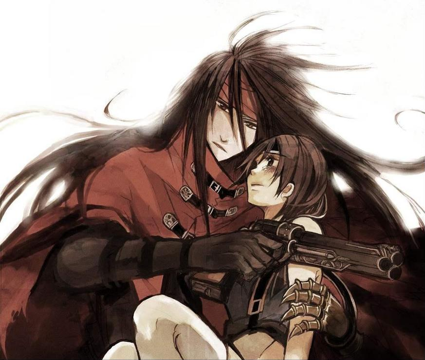 1girl black_hair blush brown_hair cape couple dirge_of_cerberus_final_fantasy_vii final_fantasy final_fantasy_vii gun height_difference long_hair ninja short_hair vincent_valentine weapon yuffie_kisaragi