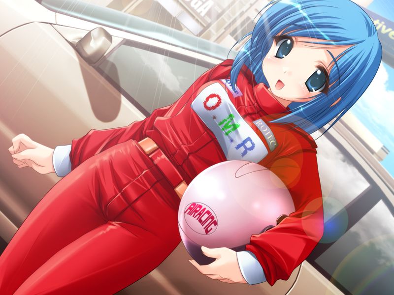 blue_eyes blue_hair bodysuit car driver dutch_angle emily_(pure_dream) game_cg helmet moero_downhill_night motor_vehicle short_hair vehicle