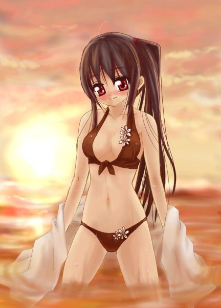 bikini brown_hair kaito_(pixiv258856) kaito_azuma original ponytail red_eyes swimsuit towel