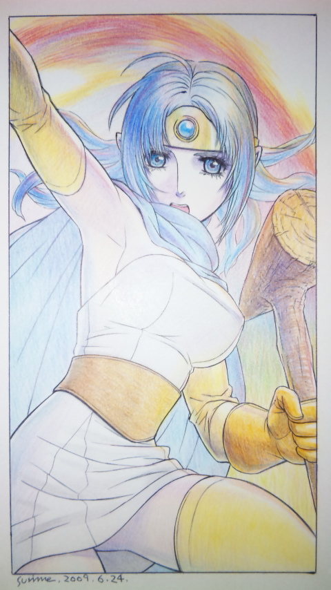blue_hair dragon_quest dragon_quest_iii elbow_gloves fire gloves magic open_mouth pointy_ears sage_(dq3) skirt staff surime-dq thigh-highs thighhighs traditional_media zettai_ryouiki