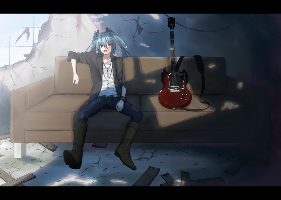 boots cigarette guitar hatsune_miku instrument jeans nagareboshi sitting smoking twintails vocaloid