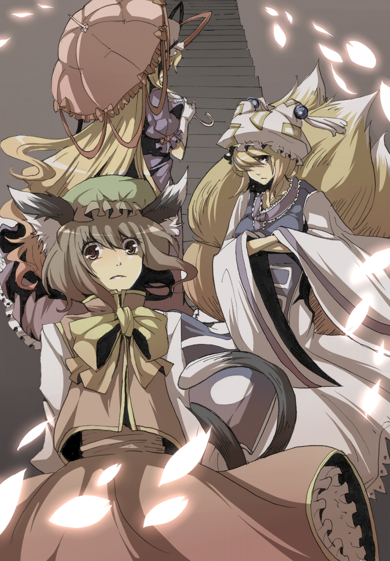 animal_ears bad_id blonde_hair blue_eyes brown_eyes brown_hair cat_ears cat_tail chen dress fox_tail hat long_hair multiple_girls multiple_tails short_hair stairs tail touhou umbrella urin yakumo_ran yakumo_yukari