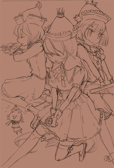 brown brown_background layla_prismriver lunasa_prismriver lyrica_prismriver merlin_prismriver merupo monochrome sketch touhou traditional_media