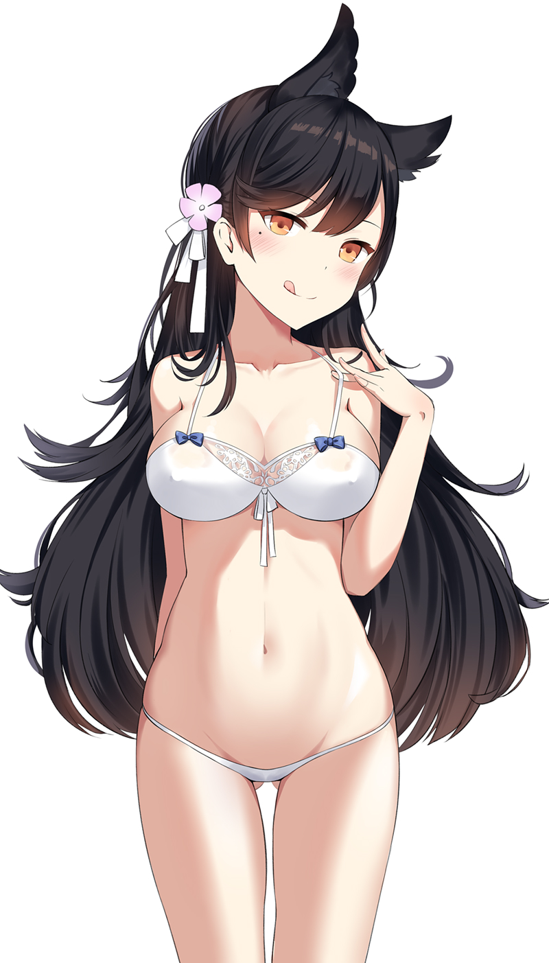 1girl :q animal_ears arm_behind_back atago_(azur_lane) azur_lane bangs bare_arms bare_shoulders bikini black_hair blush breasts cleavage closed_mouth collarbone cowboy_shot erect_nipples eyebrows_visible_through_hair flower gluteal_fold hair_flower hair_ornament highres linhe_de_chuangzi long_hair looking_at_viewer medium_breasts navel orange_eyes simple_background smile solo standing stomach swept_bangs swimsuit thighs tongue tongue_out very_long_hair white_background white_bikini
