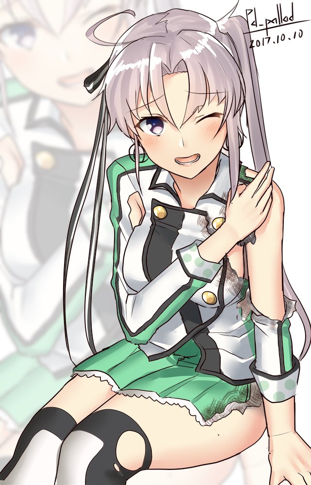 1girl ;o ahoge akitsushima_(kantai_collection) artist_signature blush dated earrings green_skirt hair_ornament hair_ribbon hand_on_own_arm jewelry kantai_collection long_hair looking_at_viewer military military_uniform one_eye_closed pallad pleated_skirt purple_hair ribbon side_ponytail sidelocks sitting skirt solo thigh-highs torn_clothes torn_thighhighs uniform violet_eyes