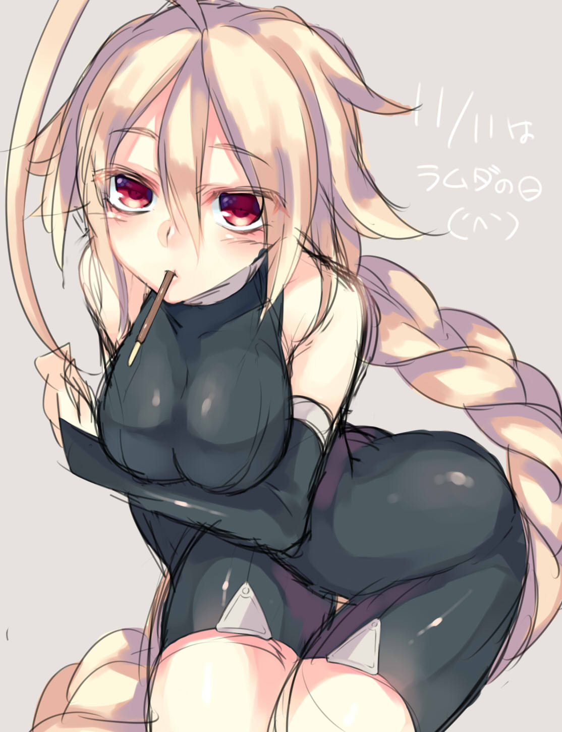 1girl ahoge ass bare_shoulders blazblue blonde_hair blush bodysuit braid breasts detached_sleeves highres himegi_you himeke_ha lambda-11 long_hair looking_at_viewer medium_breasts red_eyes single_braid sketch solo very_long_hair