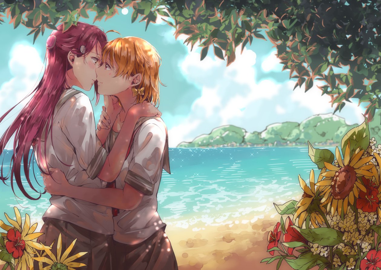 2girls ahoge arm_around_waist bangs beach blush bow cover cover_page day doujin_cover eye_contact face-to-face flower hair_bow hair_ornament hairclip half_updo hand_on_another's_chin hand_on_another's_shoulder hug imminent_kiss kougi_hiroshi long_hair looking_at_another love_live! love_live!_sunshine!! multiple_girls orange_hair pleated_skirt redhead sakurauchi_riko school_uniform serafuku short_sleeves skirt takami_chika textless uranohoshi_school_uniform yellow_bow yuri