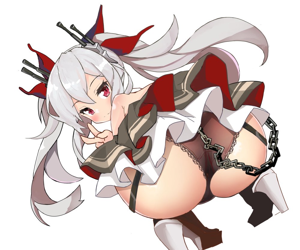 1girl ass azur_lane bare_shoulders black_panties chains denden_taiko dutch_angle from_behind full_body garter_straps hair_ornament high_heels lace lace-trimmed_panties long_hair looking_back panties pink_eyes silver_hair simple_background solo squatting twintails underwear v vampire_(azur_lane) white_background