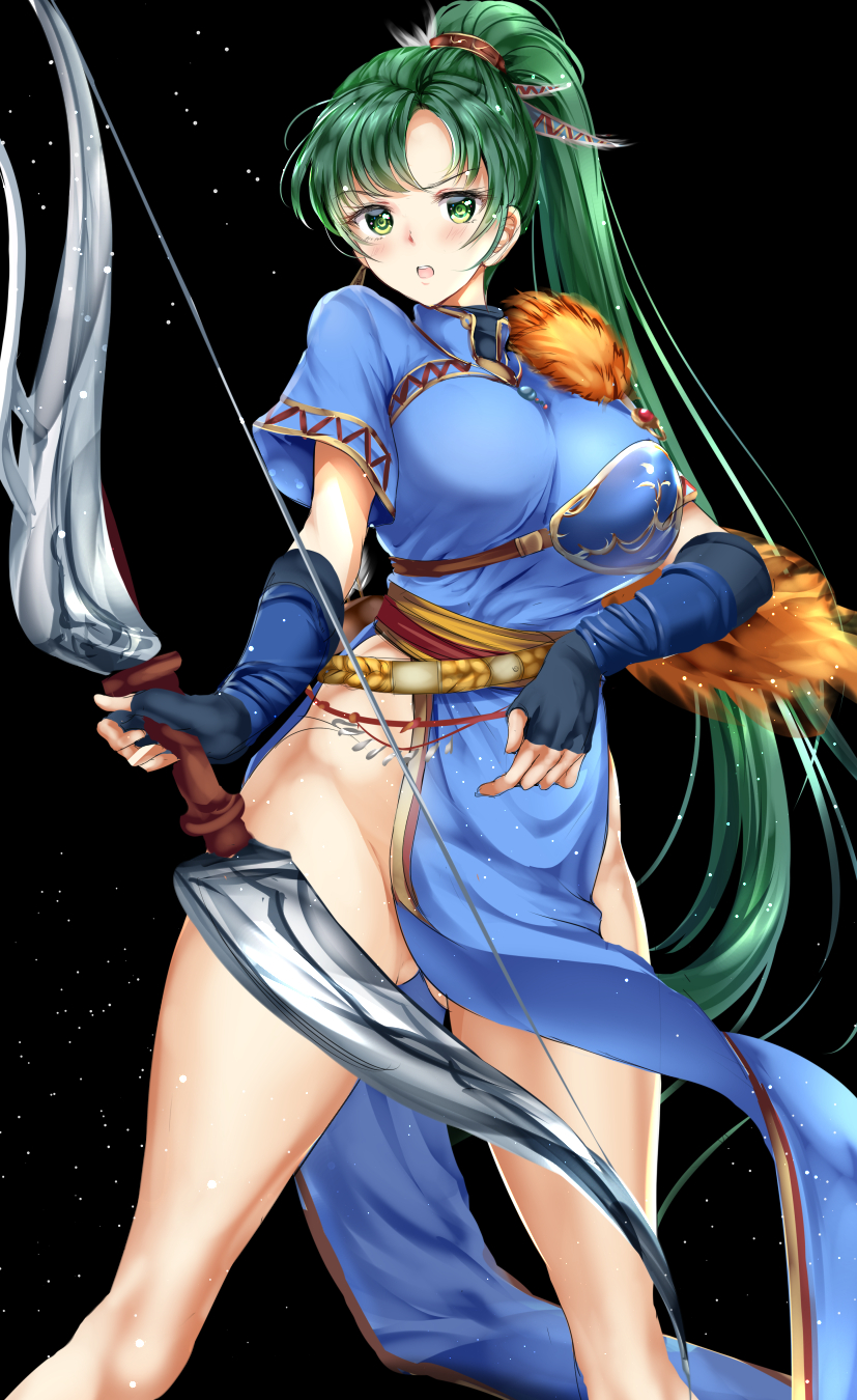 &gt;:o 1girl :o arrow bangs bare_legs black_background black_gloves blue_dress blush bow_(weapon) breasts dress elbow_gloves fingerless_gloves fire_emblem fire_emblem:_rekka_no_ken gloves gluteal_fold gorua_(youce01) green_eyes green_hair high_ponytail highres holding holding_weapon jewelry large_breasts legs_apart light_particles long_hair looking_at_viewer lyndis_(fire_emblem) no_panties open_mouth pelvic_curtain ponytail short_sleeves simple_background solo standing thighs very_long_hair weapon