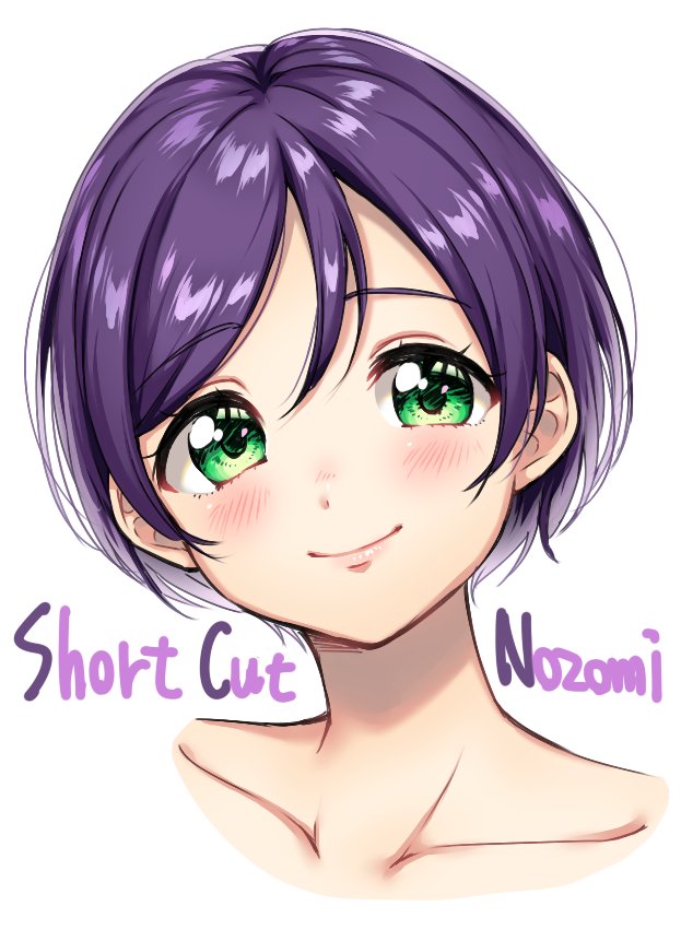 1girl alternate_hair_length alternate_hairstyle blush character_name collarbone eyebrows_visible_through_hair green_eyes looking_at_viewer love_live! love_live!_school_idol_project portrait purple_hair short_hair simple_background smile solo toujou_nozomi umeno_(shio1205) white_background