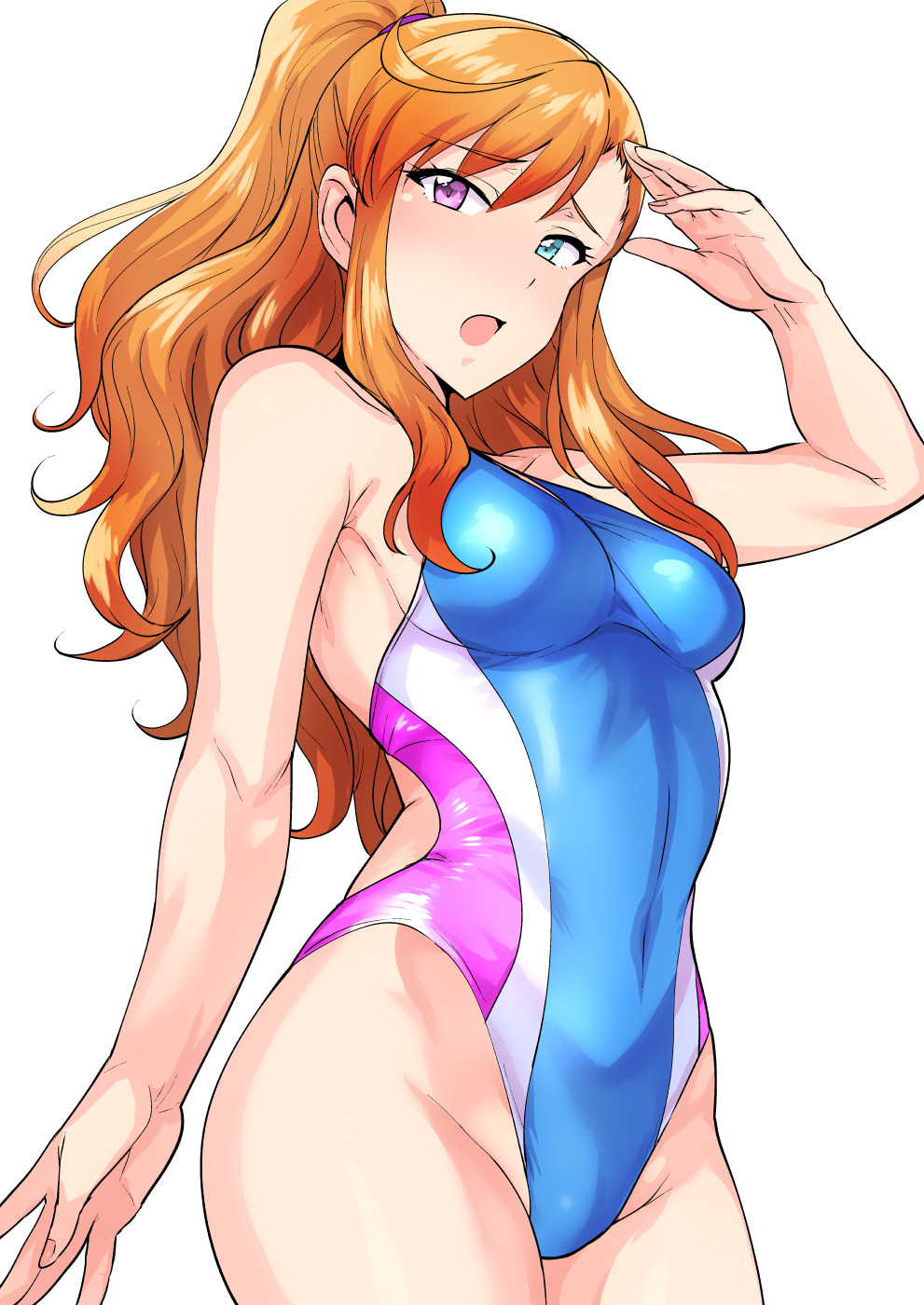 1girl :o ahoge arm_up bare_arms bare_shoulders blue_eyes blue_swimsuit blush breasts commentary_request competition_swimsuit covered_navel cowboy_shot d: eyebrows_visible_through_hair groin heterochromia highleg highleg_swimsuit highres idolmaster leon_(idolmaster) long_hair looking_at_viewer medium_breasts one-piece_swimsuit open_mouth pink_eyes ponytail sidelocks simple_background skin_tight solo standing swimsuit tsurime tsurui white_background