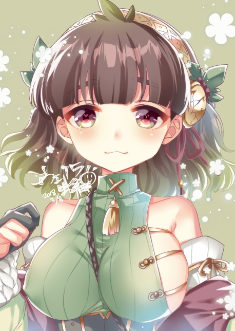 1girl :3 between_breasts black_gloves breasts brown_hair closed_mouth dated detached_sleeves flower_knight_girl gloves green_background green_eyes hairband large_breasts looking_at_viewer multicolored multicolored_eyes partly_fingerless_gloves red_eyes short_hair sideboob simple_background skindentation smile solo thick_eyebrows uehara_(higanbachi) upper_body yomogi_(flower_knight_girl)