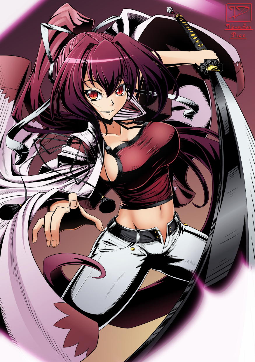 1girl belt breasts camisole cleavage facing_viewer foreshortening grin hair_intakes hair_ribbon highres jacket_on_shoulders katana large_breasts long_hair looking_at_viewer midriff navel ponytail purple_hair red_eyes ribbon shirt sideboob slit_pupils smile solo sword taut_clothes taut_shirt unbuttoned under_night_in-birth vermillion_dice very_long_hair weapon yuzuriha_(under_night_in-birth)