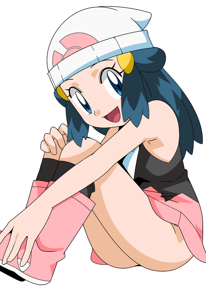 1girl beanie blue_eyes blue_hair full_body hainchu hat hikari_(pokemon) long_hair looking_at_viewer no_panties open_mouth pink_scarf pink_skirt pokemon pokemon_(anime) scarf simple_background sitting skirt smile solo white_background