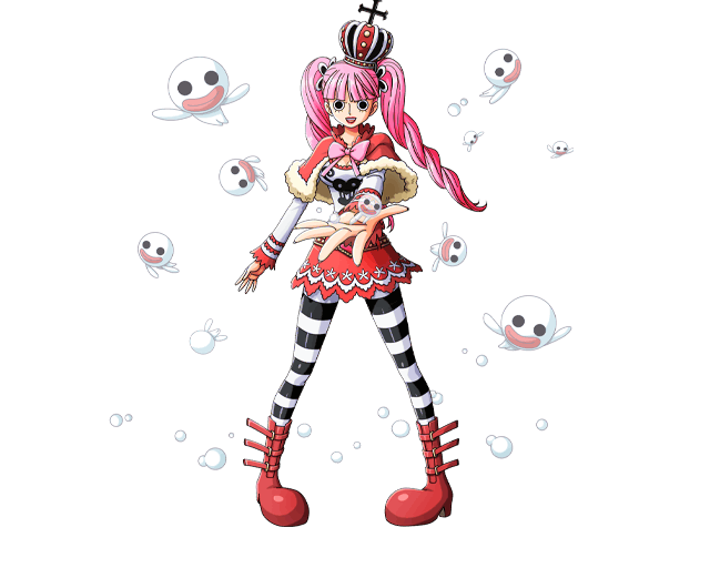 1girl :d black_eyes bodskih capelet crown floating_hair full_body ghost lipstick long_hair makeup miniskirt one_piece open_mouth outstretched_arm pantyhose perona pink_hair red_footwear red_lips red_skirt skirt smile solo standing striped striped_legwear transparent_background
