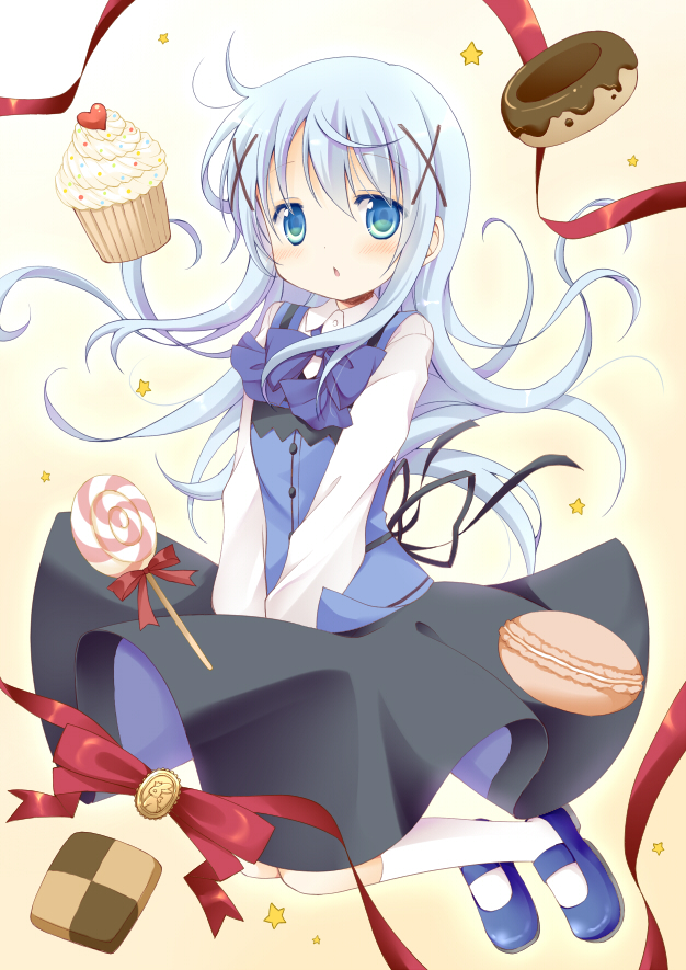 1girl :o bangs black_skirt blue_eyes blue_footwear blue_neckwear bow bowtie breasts buttons candy checkerboard_cookie chestnut_mouth collared_shirt commentary_request cookie cupcake doughnut eyebrows_visible_through_hair food gochuumon_wa_usagi_desu_ka? gradient gradient_background hair_ornament kafuu_chino kneehighs light_blue_hair lollipop long_hair long_sleeves looking_at_viewer macaron multicolored_hair open_mouth oumi_neneha rabbit_house_uniform red_ribbon ribbon shirt sidelocks skirt small_breasts solo two-tone_hair white_legwear white_shirt wing_collar x_hair_ornament