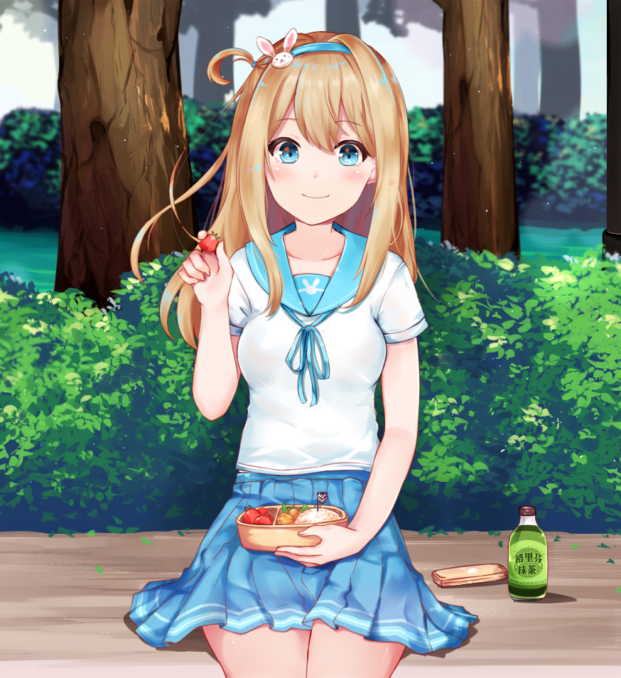 1girl blue_eyes blue_skirt blush breasts brown_hair chu_(huaha1320) closed_mouth collarbone day eyebrows_visible_through_hair food girls_frontline hairband holding holding_food long_hair looking_at_viewer medium_breasts outdoors short_sleeves sitting skirt smile solo suomi_kp31_(girls_frontline)