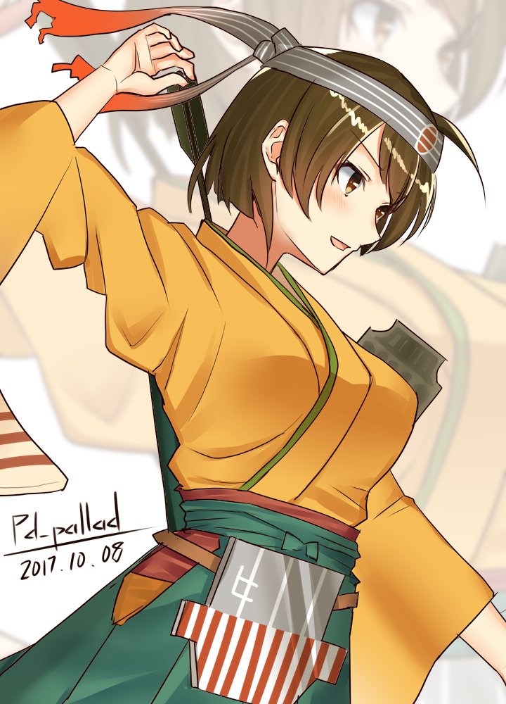 1girl artist_signature breasts brown_eyes brown_hair cowboy_shot dated flight_deck from_side hiryuu_(kantai_collection) holding_arrow japanese_clothes kantai_collection large_breasts looking_to_the_side open_mouth pallad quiver remodel_(kantai_collection) short_hair solo