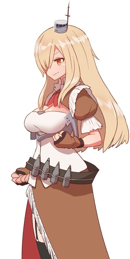 &gt;:) 1girl azur_lane belt blonde_hair breasts brown_eyes brown_gloves bullet character_request cleavage_cutout clenched_hands closed_mouth fingerless_gloves gloves hat large_breasts long_hair mast mini_hat neckerchief open_clothes open_skirt puffy_short_sleeves puffy_sleeves red_neckwear short_sleeves simple_background skirt smile solo standing sumiyao_(amam) suspenders thigh-highs vest white_background white_vest