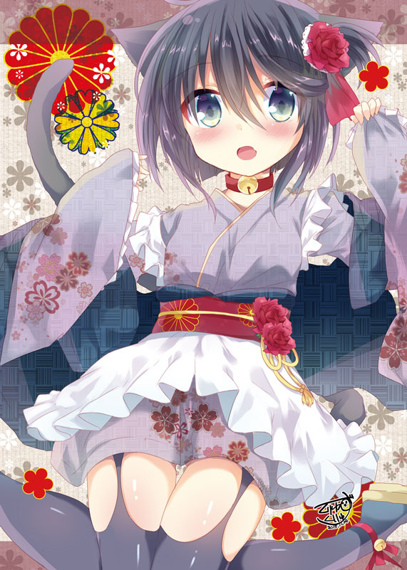 1girl :o animal_ears apron bangs bell bell_collar black_hair blush cat_ears cat_girl cat_tail collar commentary_request eyebrows_visible_through_hair fang floral_background floral_print flower frilled_apron frills green_eyes grey_kimono grey_legwear hair_between_eyes hair_flower hair_ornament hair_ribbon japanese_clothes jingle_bell kimono kuriyuzu_kuryuu long_sleeves looking_at_viewer obi open_mouth original pinching_sleeves print_kimono red_collar red_ribbon ribbon sandals sash short_hair sleeves_past_wrists solo tail thigh-highs waist_apron white_apron wide_sleeves