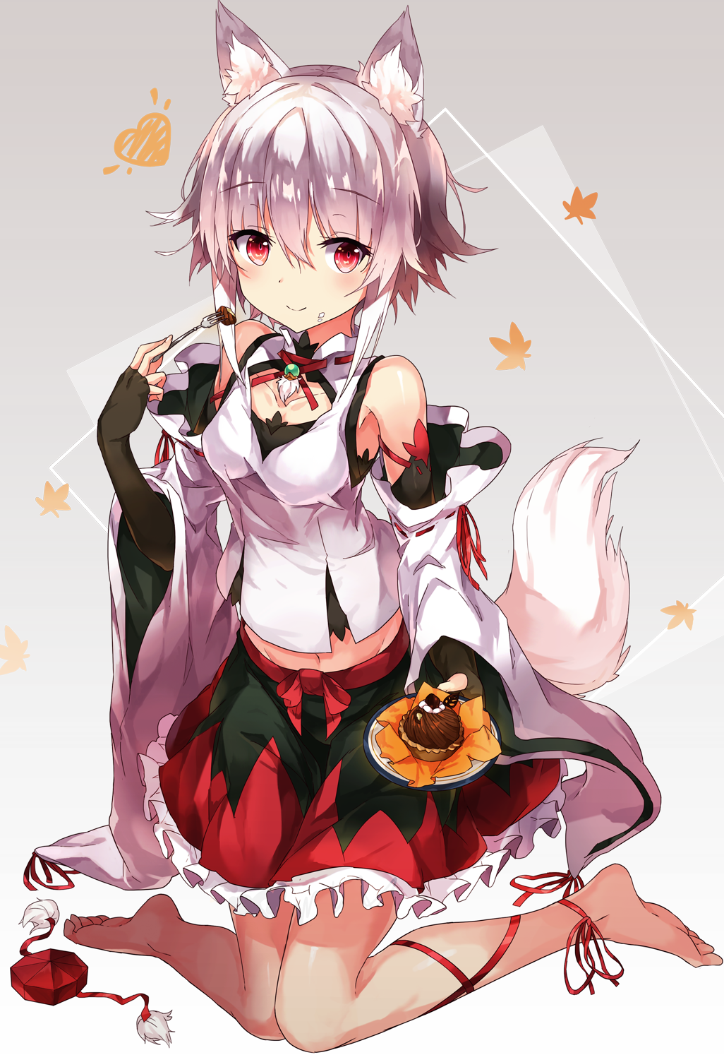 1girl animal_ears bangs bare_legs barefoot belly_peek black_skirt detached_sleeves eyebrows_visible_through_hair food food_on_face fork frilled_skirt frills full_body hair_between_eyes hat hat_removed headwear_removed hide448 highres inubashiri_momiji leg_ribbon looking_at_viewer midriff navel red_eyes red_ribbon red_skirt ribbon ribbon-trimmed_sleeves ribbon_trim sidelocks skirt smile solo tail tokin_hat touhou white_hair wolf_ears wolf_tail