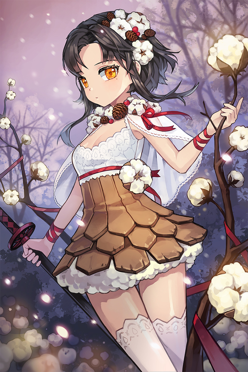 1girl black_hair blush breasts brown_eyes capelet cleavage closed_mouth cotton_boll cowboy_shot expressionless eyebrows_visible_through_hair forest hair_ornament highres holding holding_sword holding_weapon kinchee looking_at_viewer medium_breasts mole mole_under_eye nature outdoors pinecone red_ribbon ribbon see-through short_hair short_hair_with_long_locks snow sword sword_girls thigh-highs tree weapon white_legwear wrist_ribbon