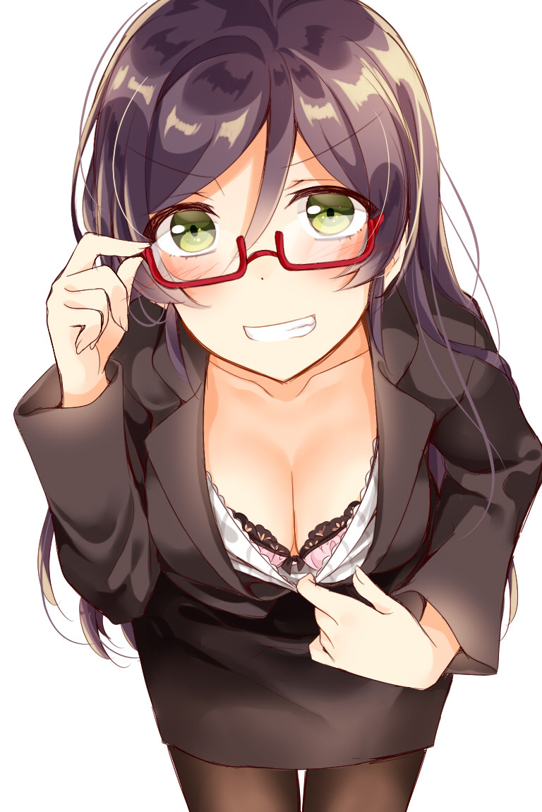 &gt;:) 1girl adjusting_eyewear bespectacled black_legwear black_skirt blush bra breasts cleavage collar_tug collarbone downblouse formal glasses green_eyes grin hair_between_eyes hair_down lace lace-trimmed_bra leaning_forward long_hair long_sleeves looking_at_viewer love_live! love_live!_school_idol_project medium_breasts mogu_(au1127) pantyhose pencil_skirt purple_hair simple_background skirt skirt_suit smile solo suit toujou_nozomi underwear white_background