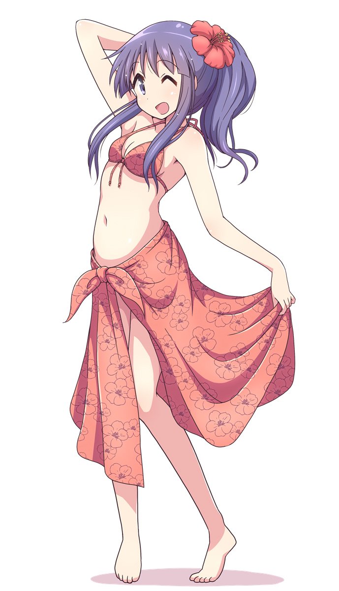 1girl ;d bangs barefoot bikini_top blush breasts eyebrows_visible_through_hair floral_print flower hair_flower hair_ornament hibiscus highres hinata_yukari long_hair looking_at_viewer mel_(melty_pot) navel one_eye_closed open_mouth ponytail print_bikini_top print_sarong purple_hair red_bikini_top sarong shadow simple_background skirt_hold small_breasts smile solo stomach toes violet_eyes white_background yuyushiki