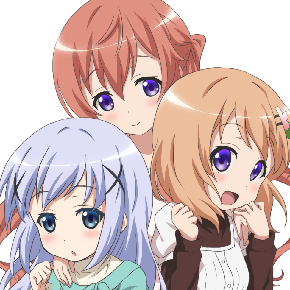 3girls :o aqua_shirt bangs black_shirt blue_eyes blush breasts brown_hair casual closed_mouth commentary_request dress eyebrows_visible_through_hair gochuumon_wa_usagi_desu_ka? hair_ornament hairclip hand_on_another's_shoulder hoto_cocoa hoto_mocha kafuu_chino light_blue_hair long_hair long_sleeves looking_at_another looking_at_viewer multiple_girls one_side_up open_mouth orange_hair red_star_(toranecomet) shirt short_hair siblings simple_background sisters small_breasts smile undershirt upper_body violet_eyes white_background white_dress x_hair_ornament