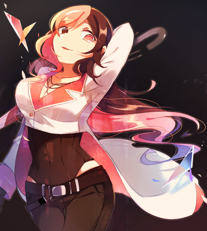 1girl arm_up bead_necklace beads breasts brown_eyes brown_hair cleavage commentary_request heterochromia jewelry large_breasts looking_at_viewer miyatsuno multicolored_hair necklace neo_(rwby) parasol pink_eyes pink_hair rwby solo umbrella