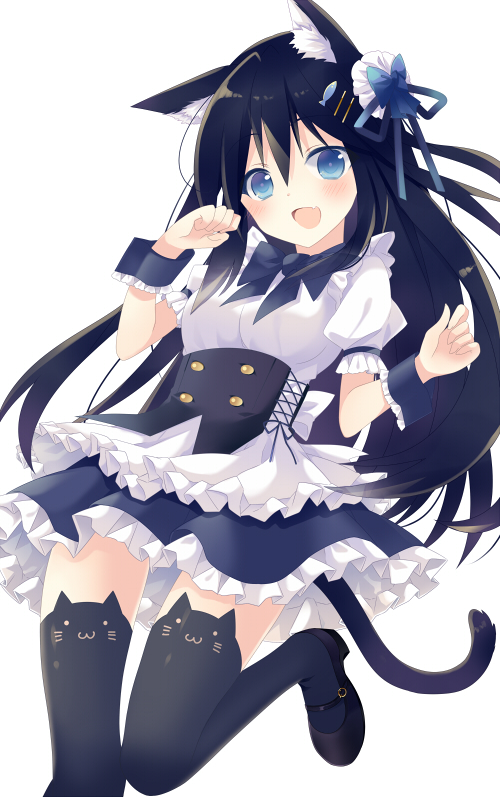 1girl :d animal_band_legwear animal_ears bangs black_footwear blouse blue_skirt blush cat_band_legwear cat_ears cat_tail corset eyebrows_visible_through_hair fang fish_hair_ornament hair_between_eyes hair_ornament hairclip hands_up long_hair looking_at_viewer maid mary_janes open_mouth original puffy_short_sleeves puffy_sleeves shoes short_sleeves simple_background skirt smile solo tail takase_kanan thigh-highs thighs very_long_hair white_background white_blouse wrist_cuffs