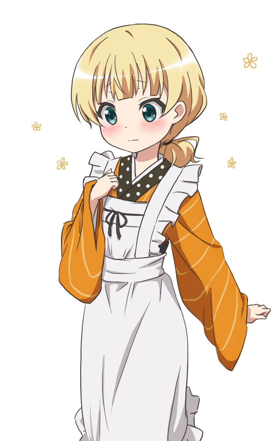 1girl 3: alternate_costume alternate_hairstyle ama_usa_an_uniform apron aqua_eyes bangs blonde_hair blunt_bangs closed_mouth commentary_request eyebrows_visible_through_hair flat_chest frilled_apron frills gochuumon_wa_usagi_desu_ka? highres japanese_clothes kimono kirima_sharo long_hair long_sleeves low_ponytail maid_apron orange_kimono polka_dot_trim red_star_(toranecomet) simple_background solo standing striped striped_kimono wavy_mouth white_apron white_background wide_sleeves