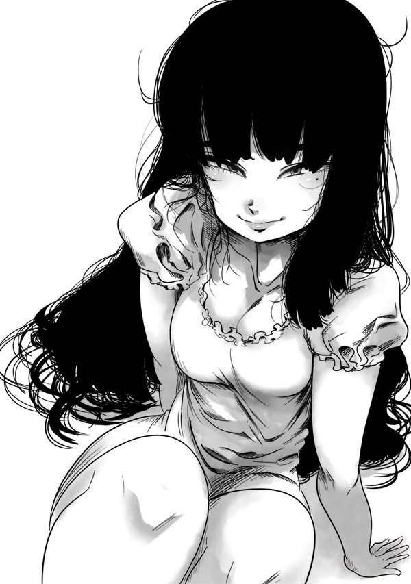 1girl arms_at_sides bangs bare_arms bare_legs blush breasts cleavage closed_mouth collarbone dress eyebrows eyelashes facing_away frilled_dress frills kafun legs_together lips long_hair looking_at_viewer medium_breasts messy_hair mole mole_under_eye monochrome original puffy_short_sleeves puffy_sleeves short_dress short_sleeves simple_background sitting smile solo thick_eyebrows tsurime very_long_hair white_background