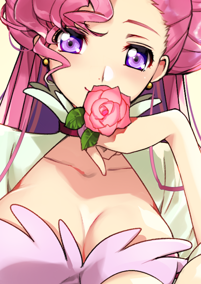 1girl bangs blush breasts cleavage close-up closed_mouth code_geass collarbone creayus dress euphemia_li_britannia flower hand_up holding holding_flower large_breasts long_hair looking_at_viewer open_clothes open_dress pink_background pink_hair pink_rose rose simple_background smile solo violet_eyes