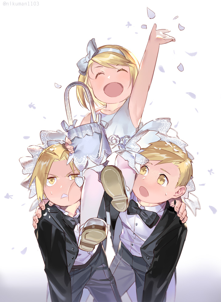 1girl 2boys alphonse_elric blonde_hair bow bowtie brothers carrying closed_eyes dress edward_elric formal fullmetal_alchemist hairband happy holy_pumpkin multiple_boys petals short_hair siblings sitting_on_shoulder smile suit tuxedo winry_rockbell yellow_eyes younger