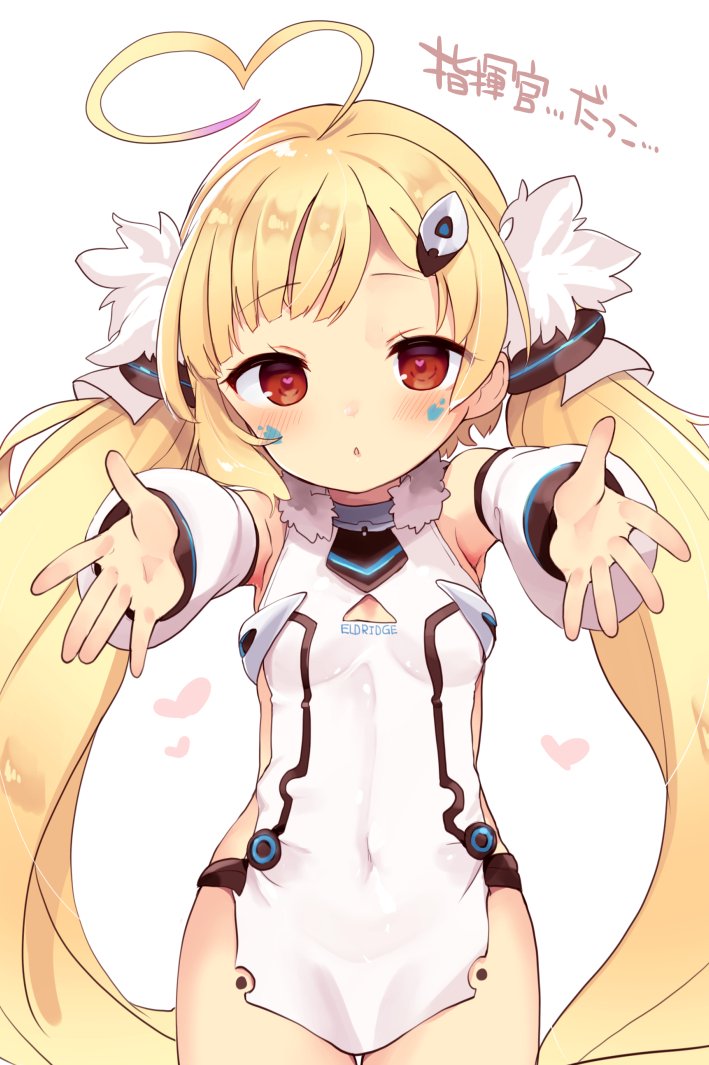 1girl ahoge arms_up azur_lane blonde_hair blush breasts covered_navel cowboy_shot detached_sleeves eldridge_(azur_lane) eyebrows_visible_through_hair facial_mark hair_ornament hairclip heart heart-shaped_pupils heart_ahoge kedama_milk long_hair looking_at_viewer outstretched_hand red_eyes simple_background small_breasts solo symbol-shaped_pupils twintails very_long_hair