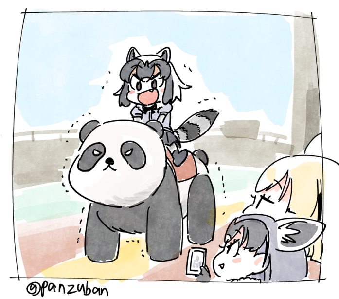 3girls animal_ears black_hair blonde_hair bow bowtie cellphone commentary_request common_raccoon_(kemono_friends) fennec_(kemono_friends) fox_ears grey_hair if_they_mated kemono_friends multicolored_hair multiple_girls panda panzuban phone raccoon_ears raccoon_tail riding_machine short_hair short_sleeves smartphone tail taking_picture trembling twitter_username