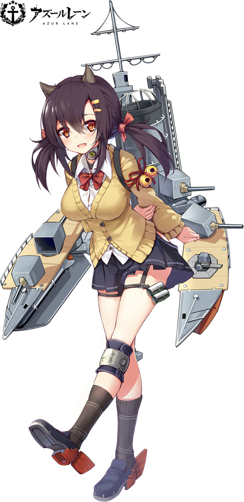 1girl :d arms_behind_back azur_lane bell black_hair bow breasts brown_eyes cardigan collar dress_shirt full_body garter_straps hair_between_eyes hair_ornament hairclip horns jingle_bell knee_pads large_breasts leaning_forward long_hair long_sleeves looking_at_viewer low_twintails machinery miniskirt nagara_(azur_lane) ootsuki_momiji open_mouth pleated_skirt shirt skirt smile socks solo standing tachi-e thigh_strap twintails white_background