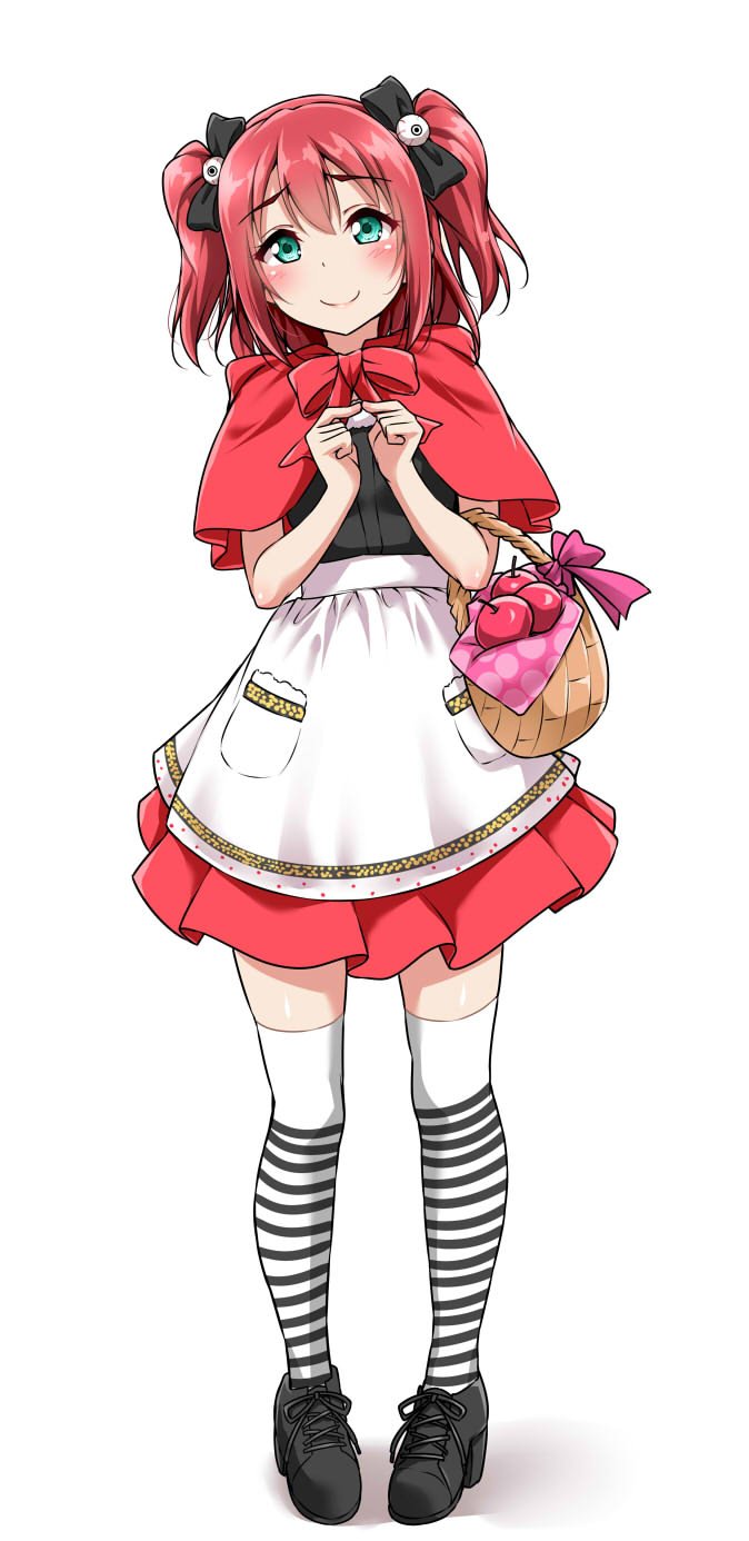 1girl apple apron bangs basket black_bow black_footwear blush bow bowtie commentary_request cosplay eyeball_hair_ornament fingers_together food fruit full_body furihata_ai green_eyes hair_bow highres kurosawa_ruby little_red_riding_hood little_red_riding_hood_(cosplay) little_red_riding_hood_(grimm) love_live! love_live!_sunshine!! pigeon-toed red_capelet red_neckwear red_skirt redhead seiyuu_connection shoes simple_background skirt smile solo striped striped_legwear thigh-highs two_side_up waist_apron white_background yopparai_oni