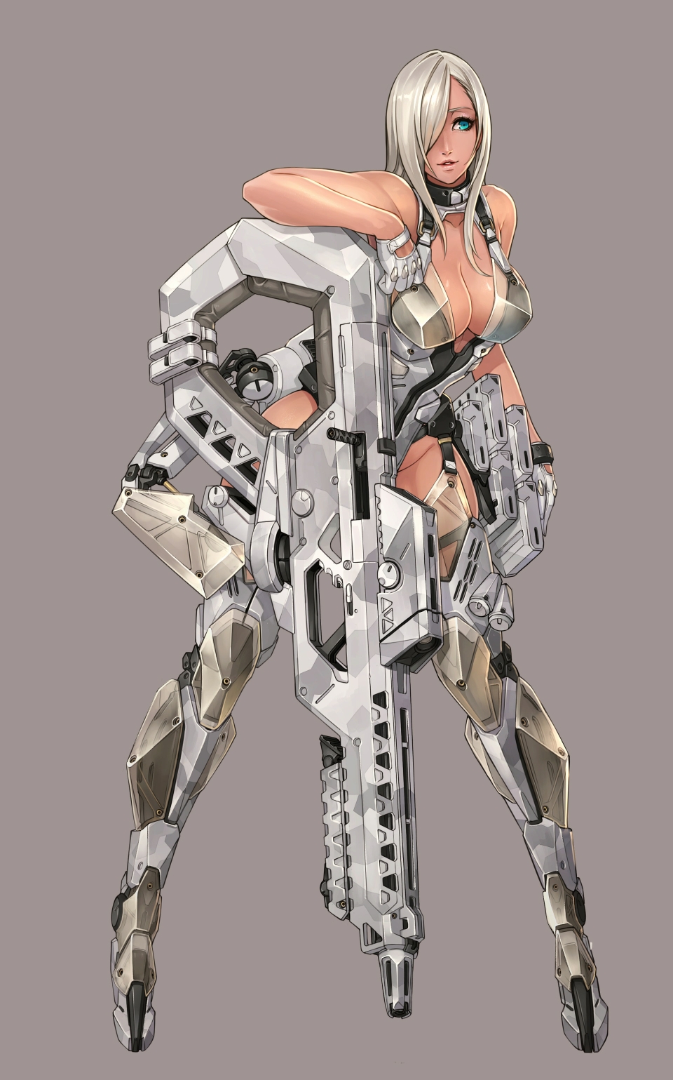 1girl armor blue_eyes breasts cyborg full_body garter_straps gloves grey_background groin gun hair_over_one_eyes highres original soldier solo standing tan weapon wei_(kaminari0411) white_gloves white_hair