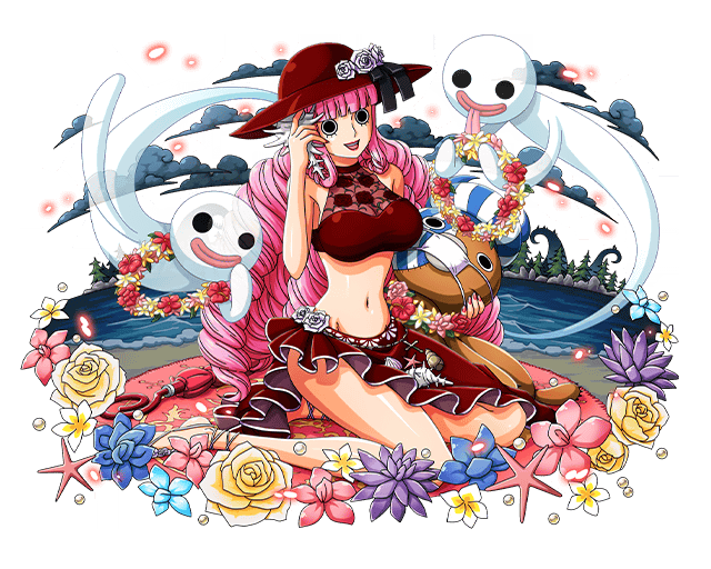 1girl :d barefoot beach bikini black_eyes black_ribbon bodskih breasts cleavage drill_hair flower ghost groin hat hat_flower hat_ribbon holding large_breasts lipstick long_hair makeup navel one_piece open_mouth perona pink_hair red_bikini red_hat red_lips ribbon sarong shiny shiny_skin sitting smile solo sun_hat swimsuit transparent_background very_long_hair white_flower
