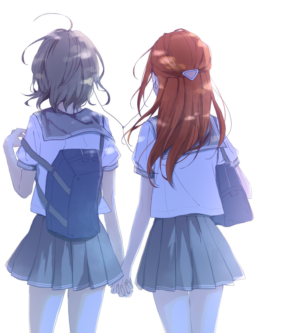 2girls azuma_(no488888) backpack bag commentary_request earphones from_behind grey_hair hair_ornament hairclip half_updo hand_holding highres long_hair love_live! love_live!_sunshine!! multiple_girls pleated_skirt redhead sakurauchi_riko school_bag school_uniform serafuku shared_earphones short_hair short_sleeves simple_background skirt watanabe_you white_background yuri