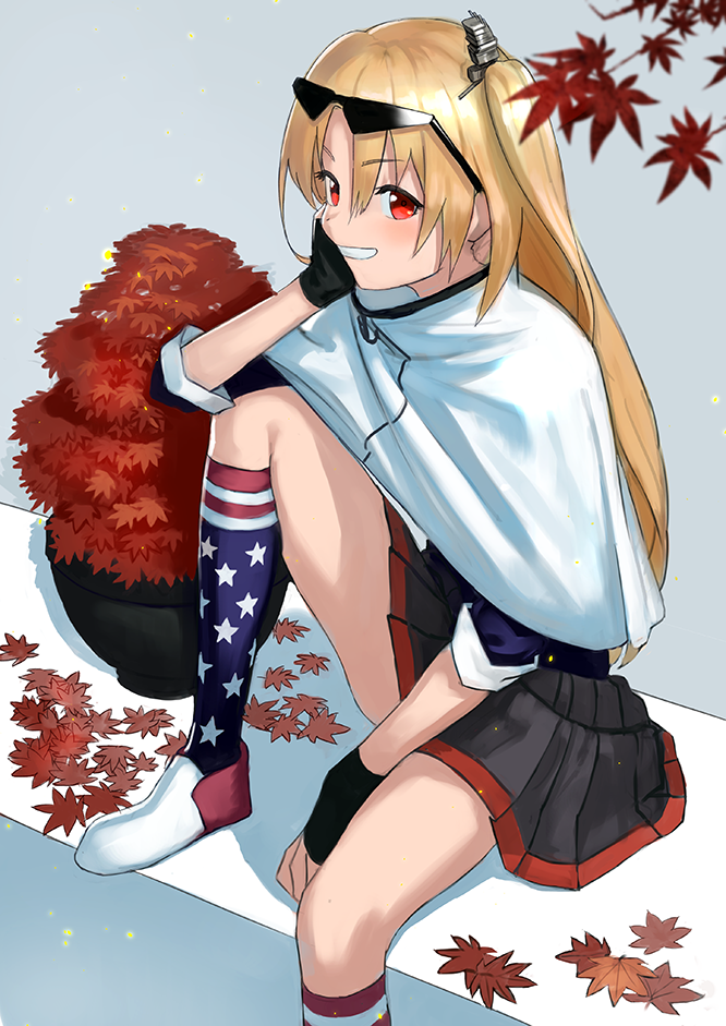 1girl american_flag_legwear azur_lane between_legs black_gloves black_skirt blonde_hair blue_shirt blurry blurry_foreground blush branch capelet chin_rest cleveland_(azur_lane) commentary_request depth_of_field elbow_on_knee eyebrows_visible_through_hair eyewear_on_head fingerless_gloves gloves grey_background hair_between_eyes hand_between_legs kneehighs leaf looking_at_viewer maple_leaf one_leg_raised one_side_up plant pleated_skirt potted_plant red_eyes shirt shoes sitting skirt smile solo star star_print wasabi60