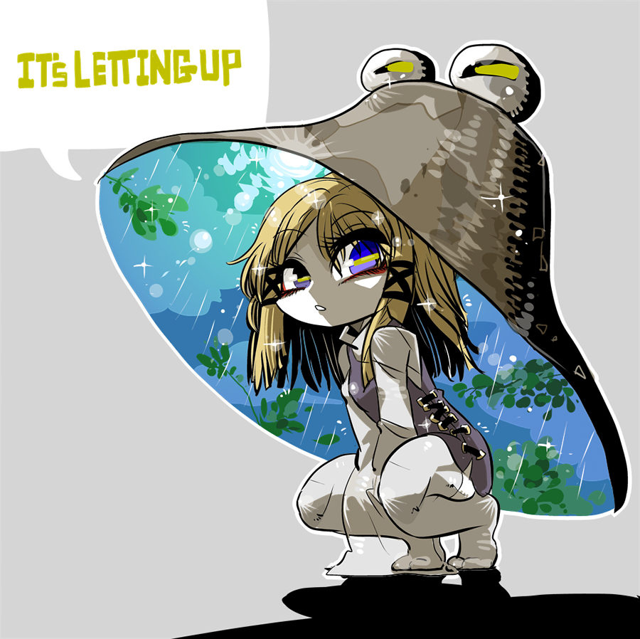 1girl big_hat blonde_hair branch english frog_eyes hat kneeling leaf moriya_suwako rain see-through short_hair sun touhou yt_(wai-tei)