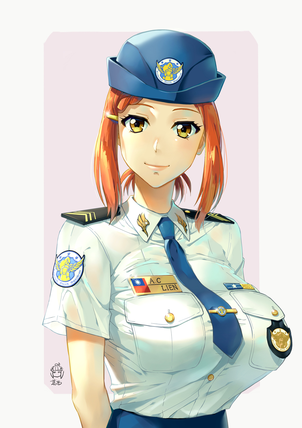 1girl arms_behind_back breasts ge_xi hair_ornament hairclip hat highres huge_breasts levasol_defense_corps looking_at_viewer necktie orange_hair original police police_hat police_uniform policewoman short_hair smile solo uniform upper_body witches_in_7th_base yellow_eyes
